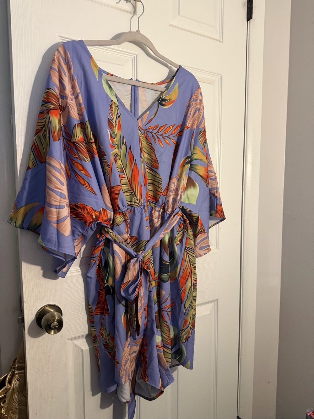 Lavender SHEIN Tropical Print Tie-Waist Romper